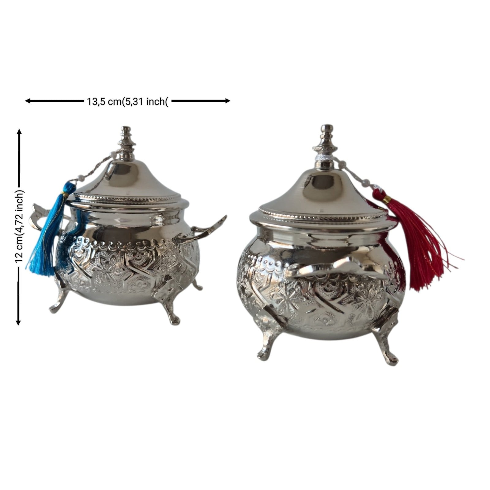 Set of 4 Handmade Moroccan Sugar Bowls with Lid – Silver Plated Bra… - 132047 Set of 4 Handmade Moroccan Sugar Bowls with Lid – Silver Plated Brass – Andalusian Tea Container – Vintage Decor.