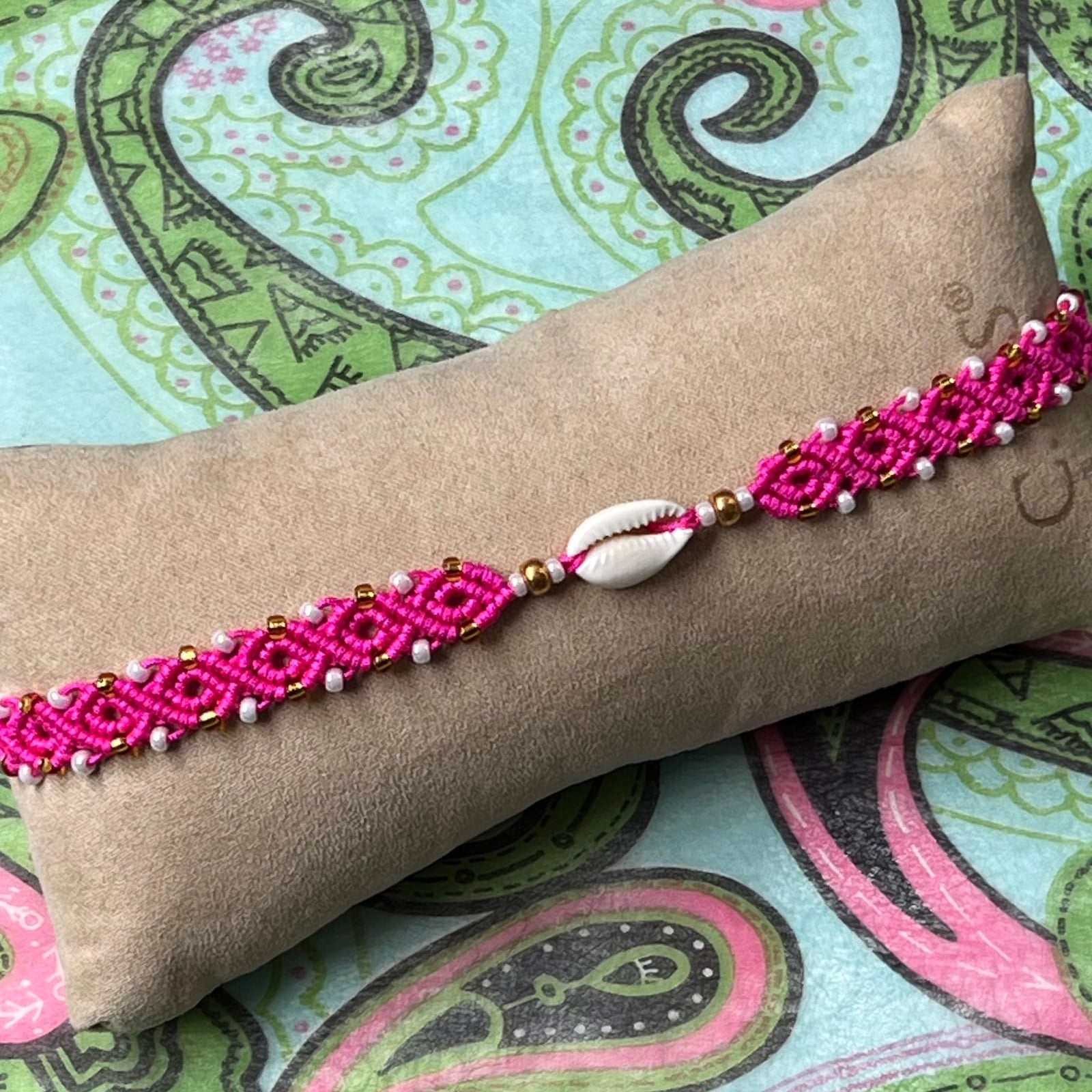 Macrame enkelbandje roze met schelp - 139616 Macrame enkelbandje roze met schelp