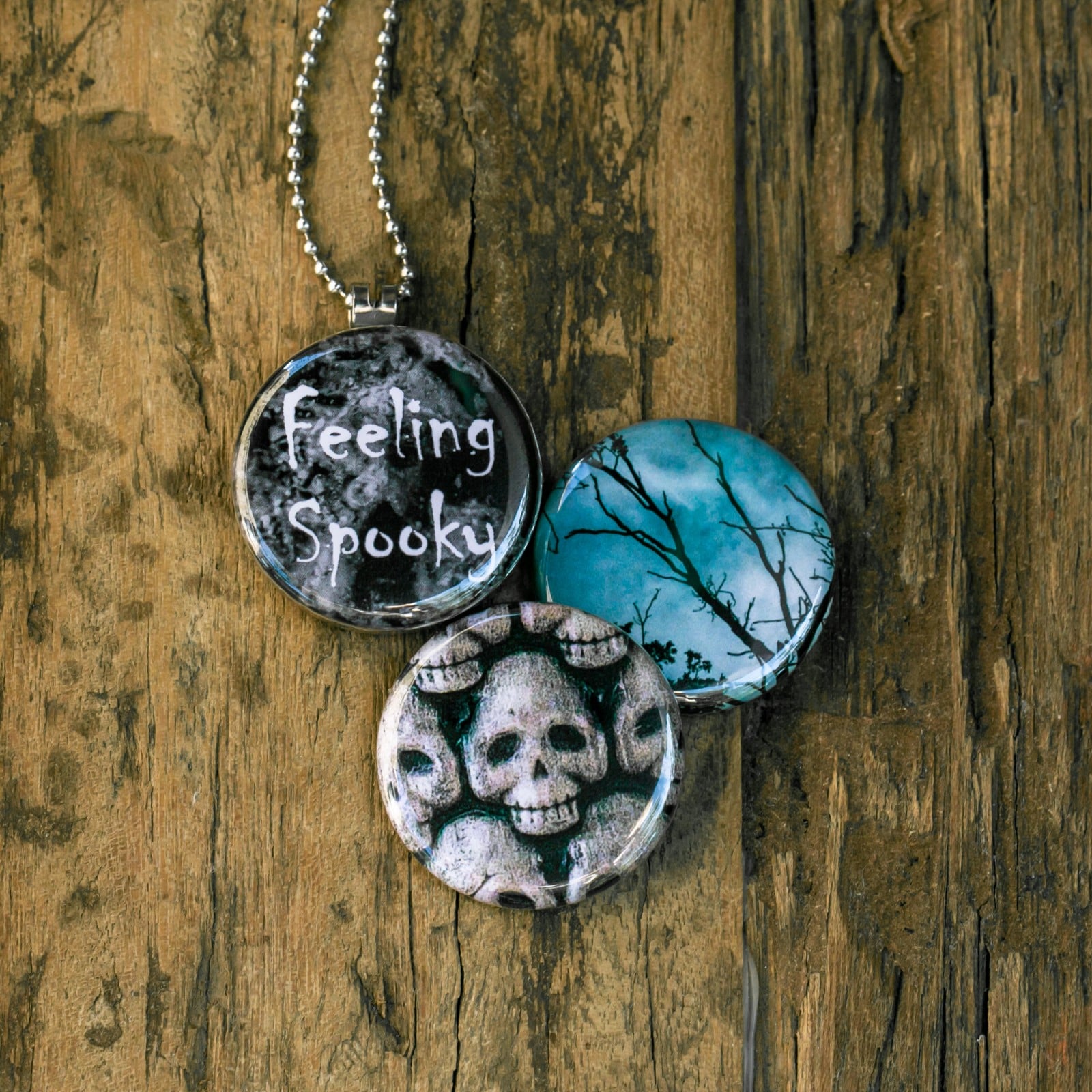 Fotomedaillon ketting met drie verschillende verwisselbare voorkanten… - 94616 Fotomedaillon ketting met drie verschillende verwisselbare voorkanten met foto`s van halloween items,spooky en griezelige halloween ketting.