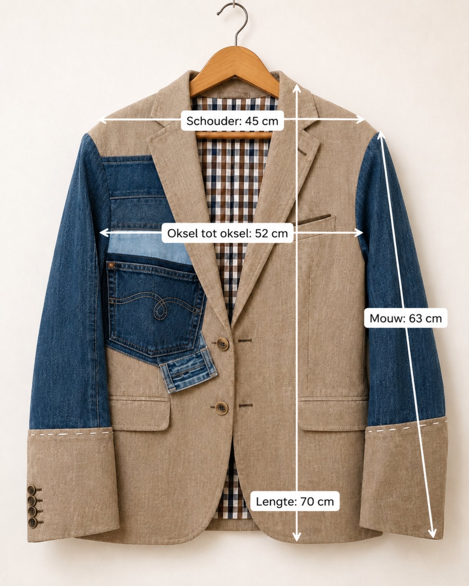 One of a Kind Upcycled Blazer met Denim Applicatie - 154435 One of a Kind Upcycled Blazer met Denim Applicatie
