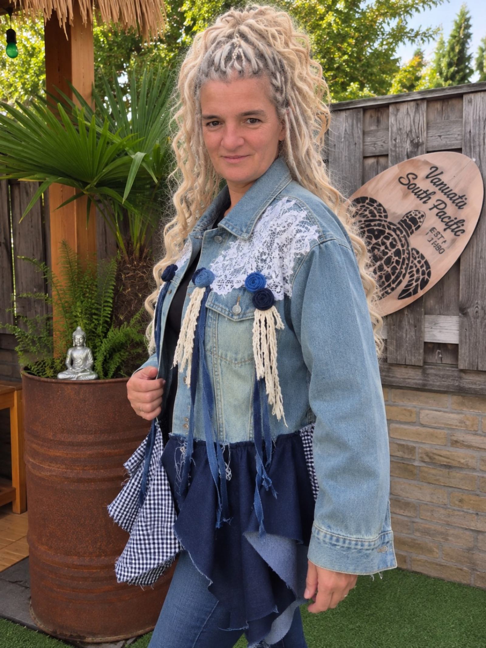 Boho Lace Denim Jacket – One of a Kind - 154370 Boho Lace Denim Jacket – One of a Kind