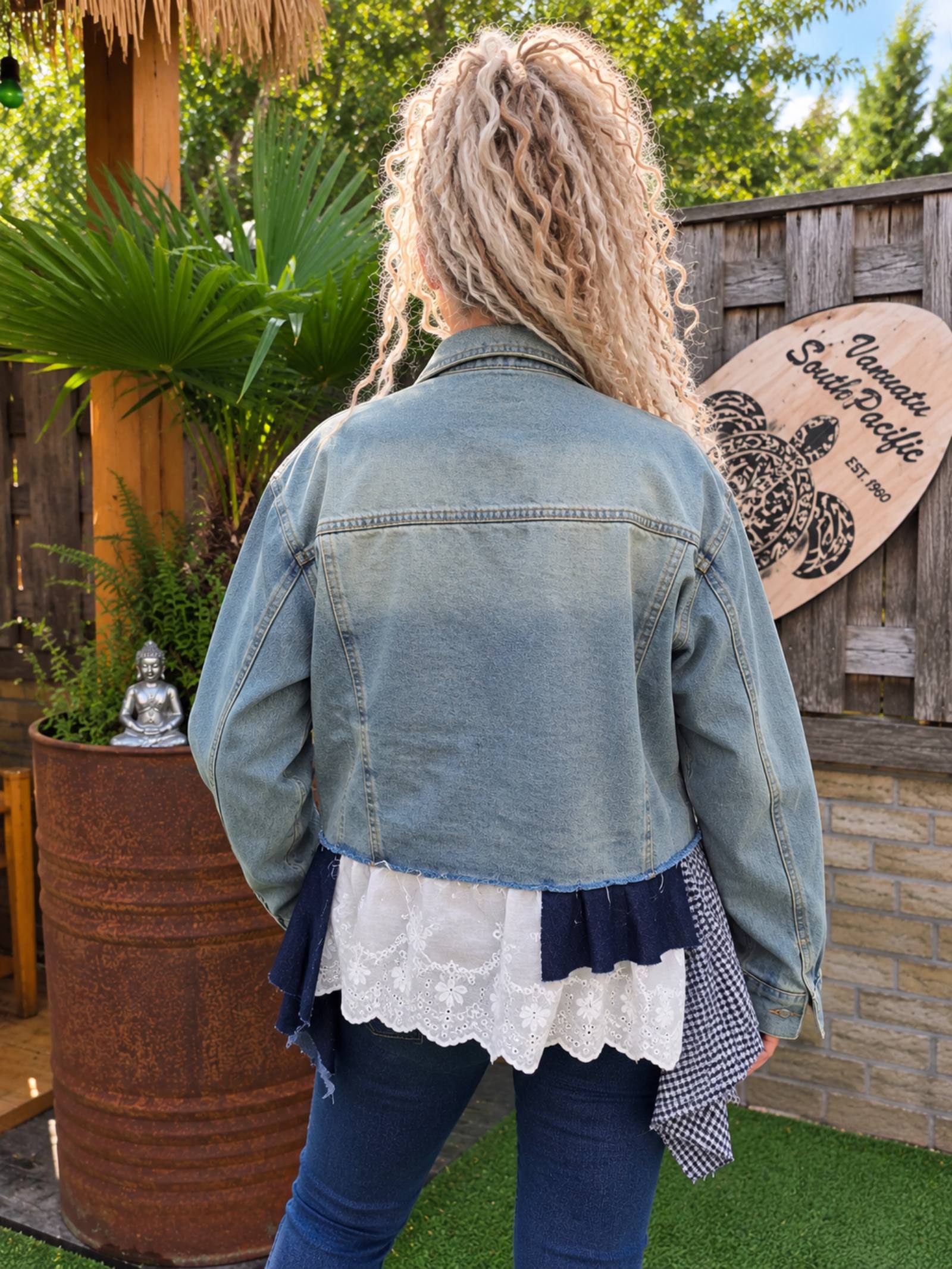Boho Lace Denim Jacket – One of a Kind - 154371 Boho Lace Denim Jacket – One of a Kind