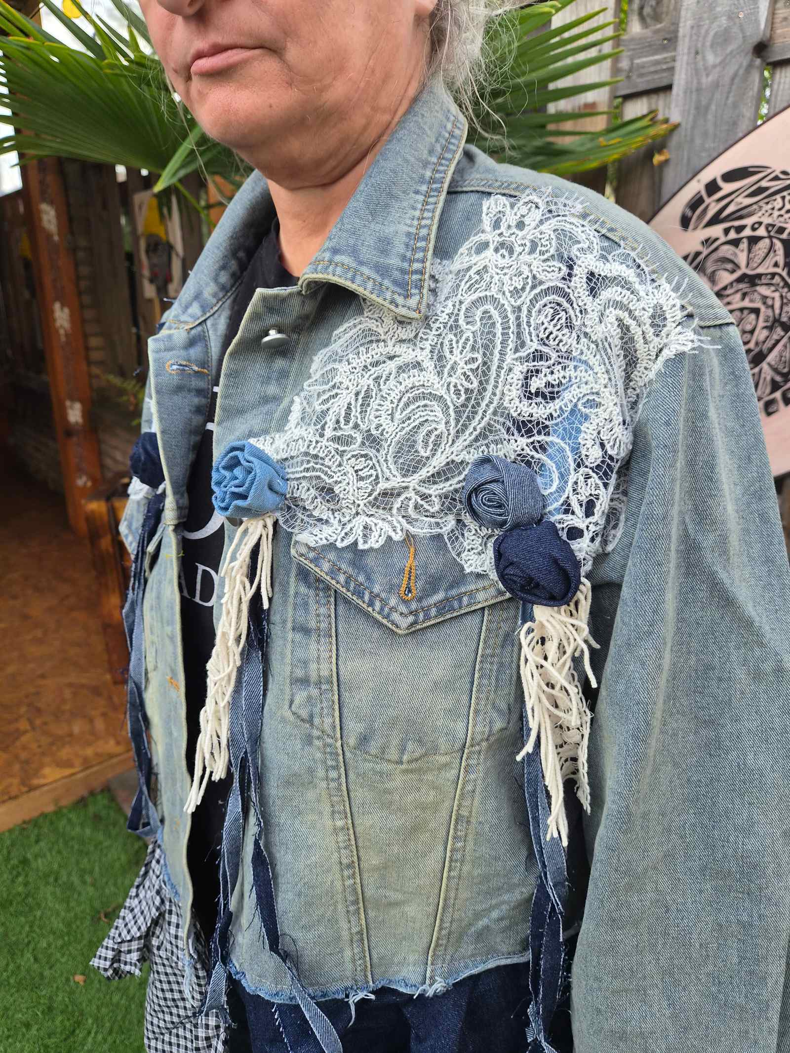 Boho Lace Denim Jacket – One of a Kind - 154374 Boho Lace Denim Jacket – One of a Kind