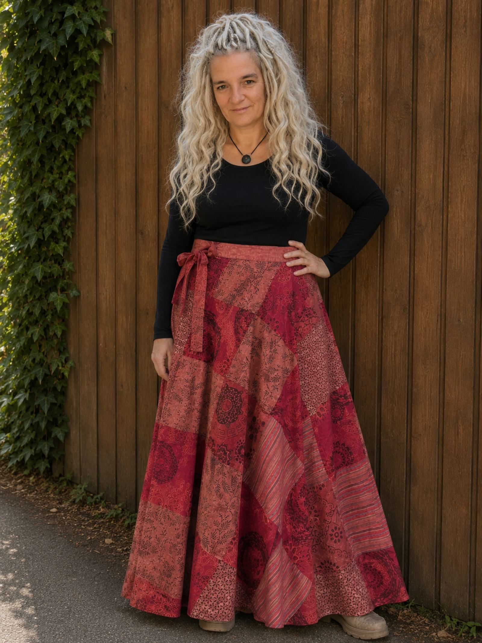 Boho Wrap Rok Rood â Patchwork Maxi Rok â 100% Katoen - 154379 Boho Wrap Rok Rood â Patchwork Maxi Rok â 100% Katoen