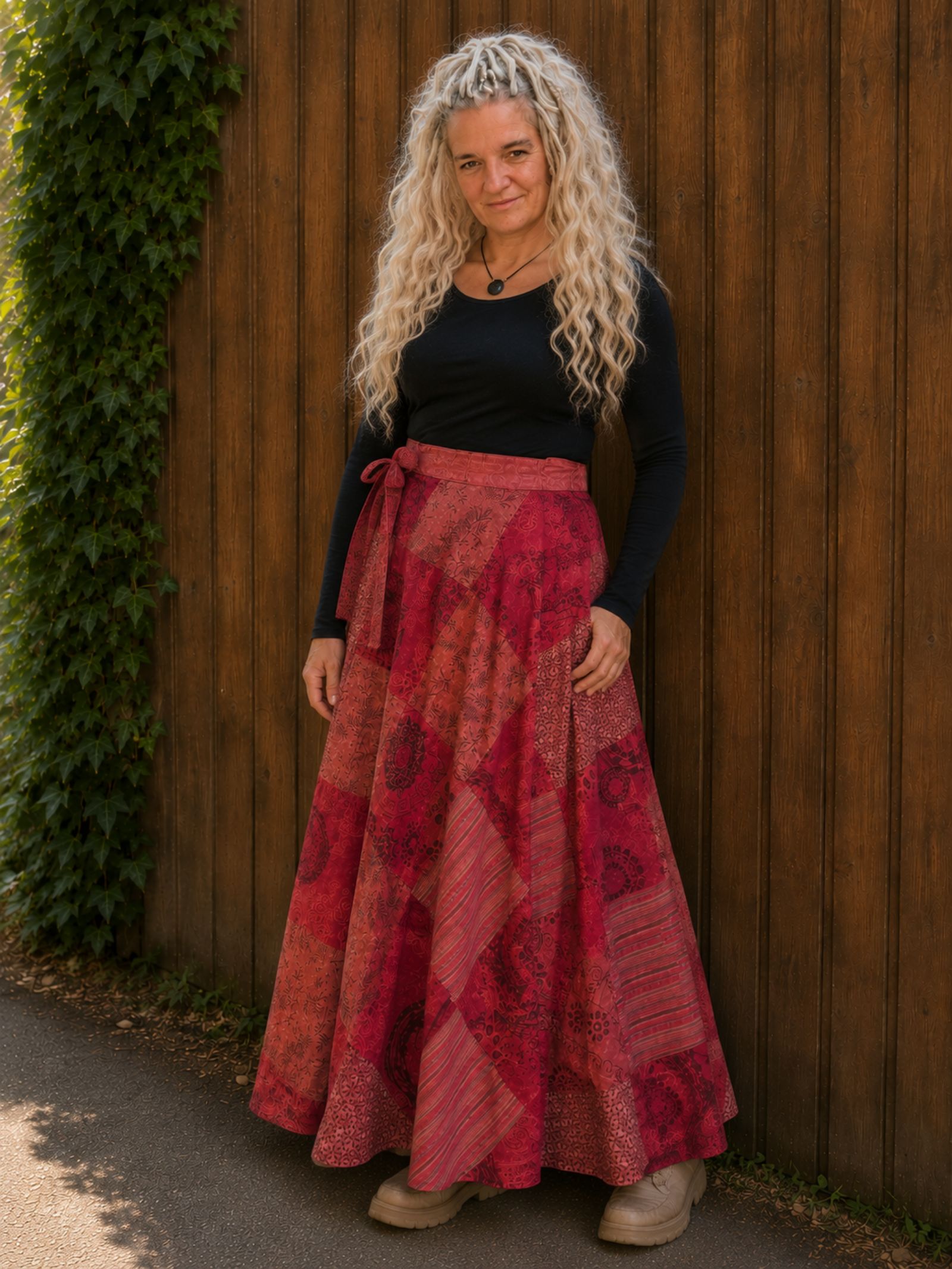 Boho Wrap Rok Rood â Patchwork Maxi Rok â 100% Katoen - 154383 Boho Wrap Rok Rood â Patchwork Maxi Rok â 100% Katoen