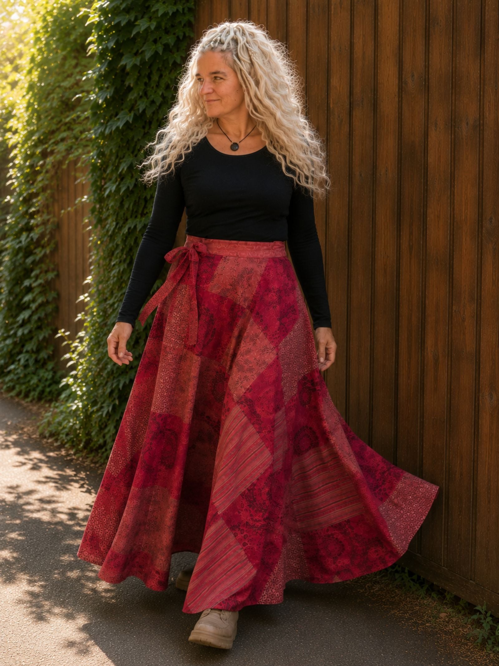 Boho Wrap Rok Rood â Patchwork Maxi Rok â 100% Katoen - 154385 Boho Wrap Rok Rood â Patchwork Maxi Rok â 100% Katoen