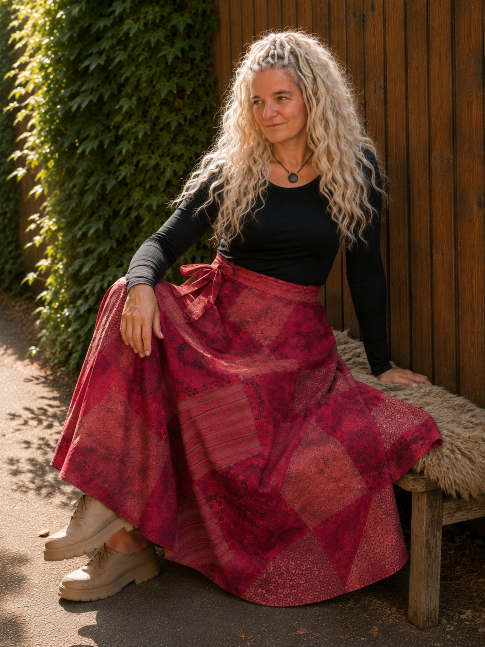 Boho Wrap Rok Rood â Patchwork Maxi Rok â 100% Katoen - 154386 Boho Wrap Rok Rood â Patchwork Maxi Rok â 100% Katoen