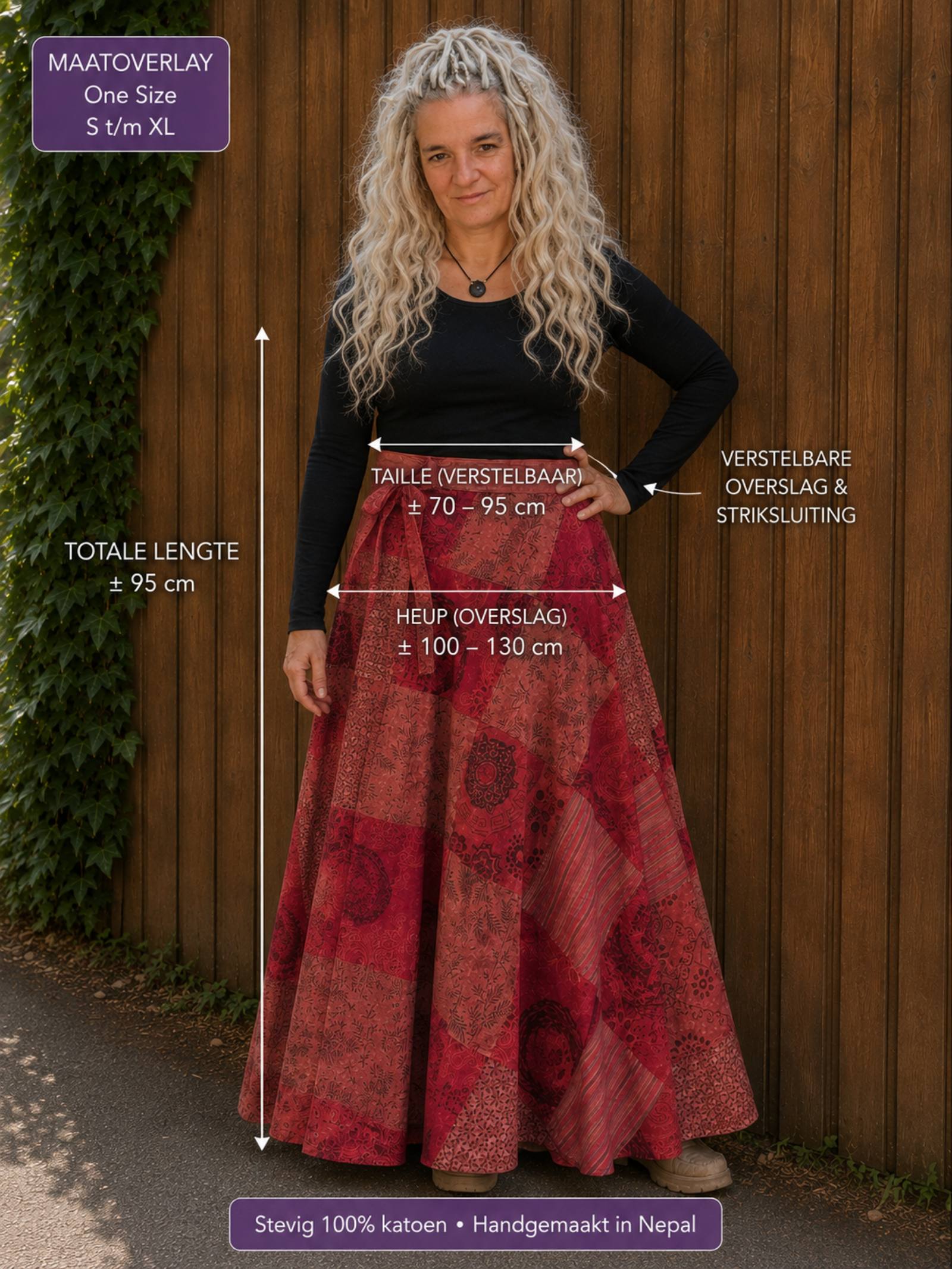 Boho Wrap Rok Rood â Patchwork Maxi Rok â 100% Katoen - 154388 Boho Wrap Rok Rood â Patchwork Maxi Rok â 100% Katoen