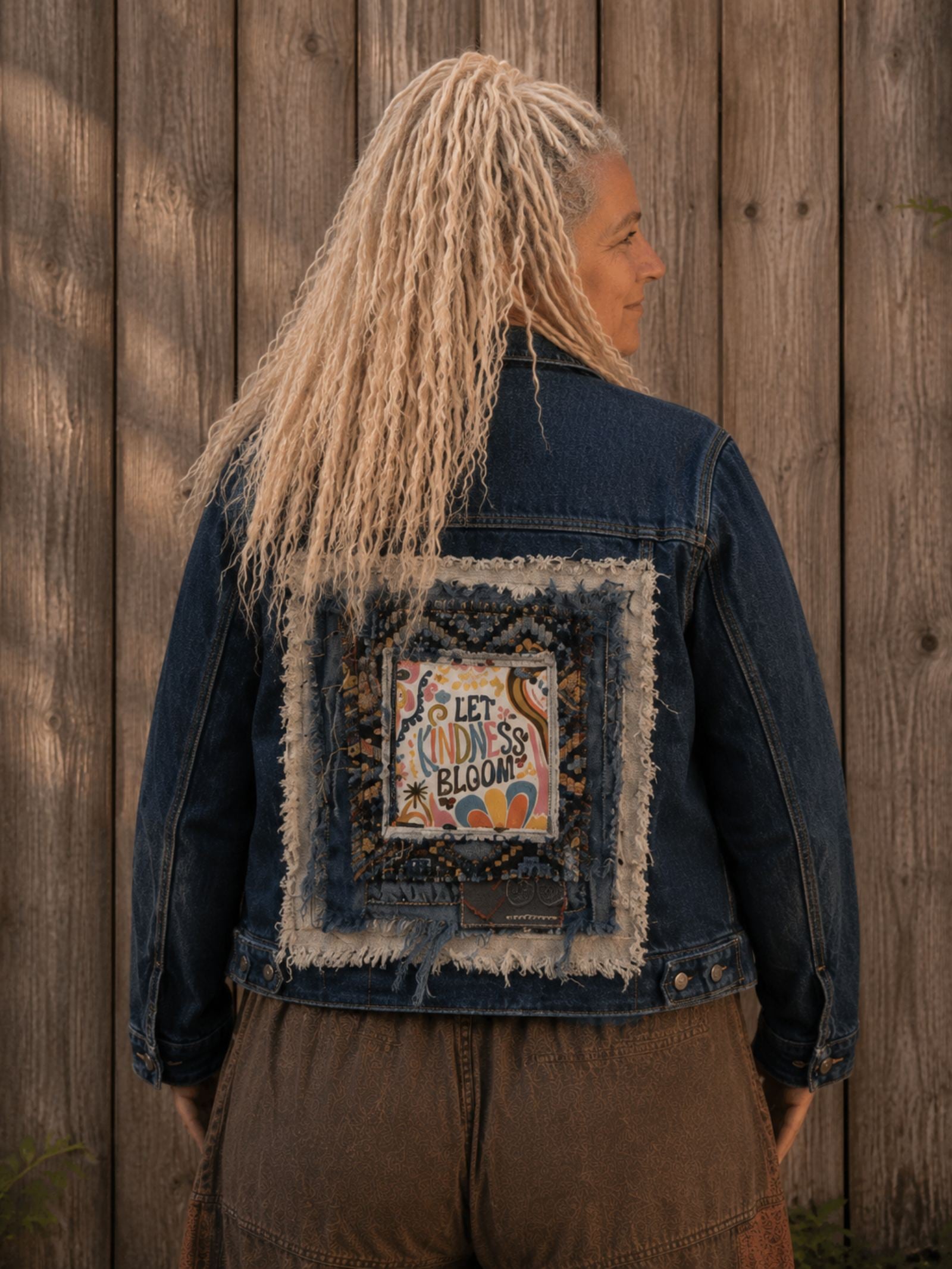 Let Kindness Bloom – One of a Kind Upcycled Denim Jacket - 154601 Let Kindness Bloom – One of a Kind Upcycled Denim Jacket