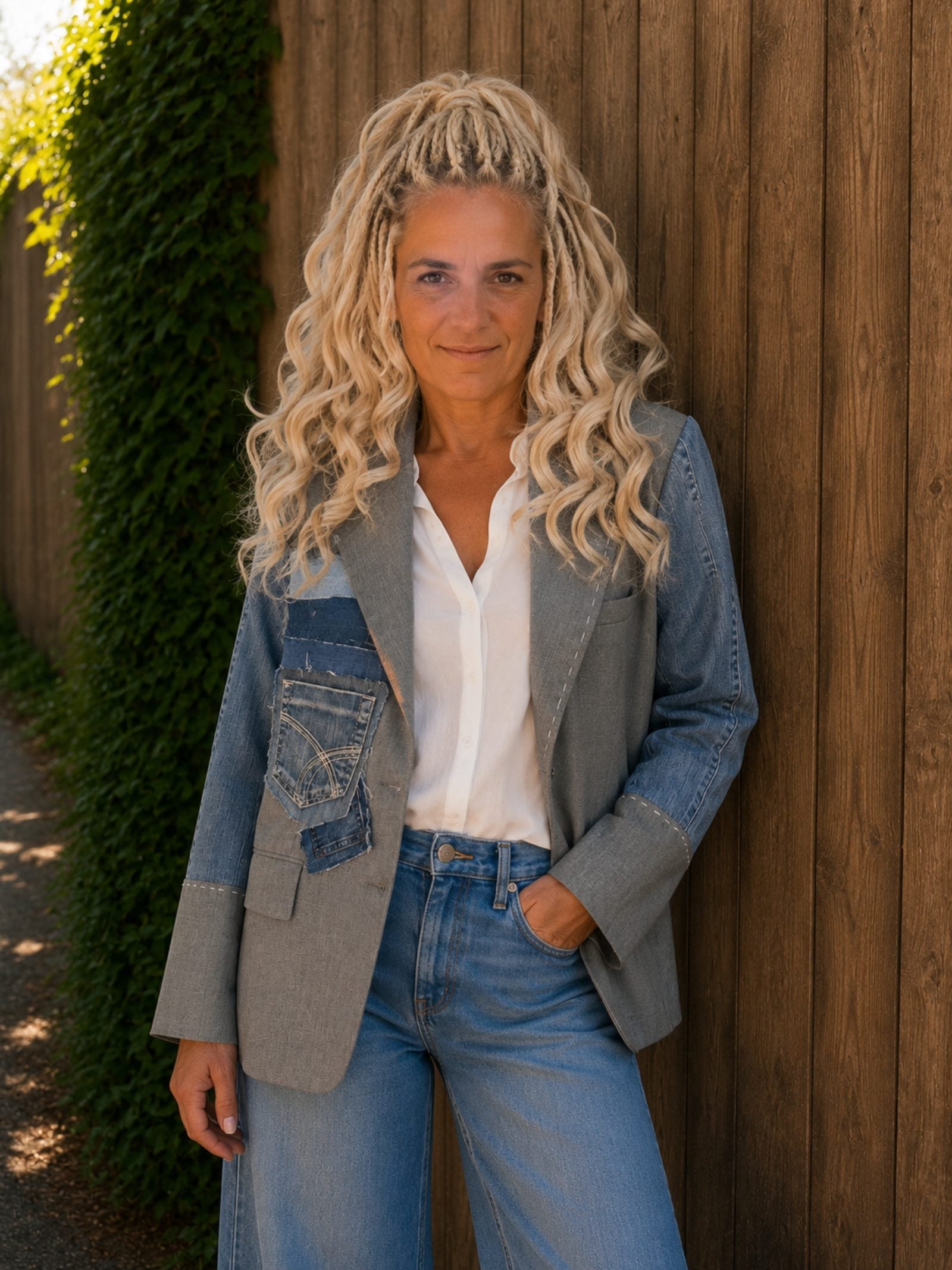 One of a Kind Upcycled Blazer met Denim Patchwork – Handmade Atelier - 154406 One of a Kind Upcycled Blazer met Denim Patchwork – Handmade Atelier