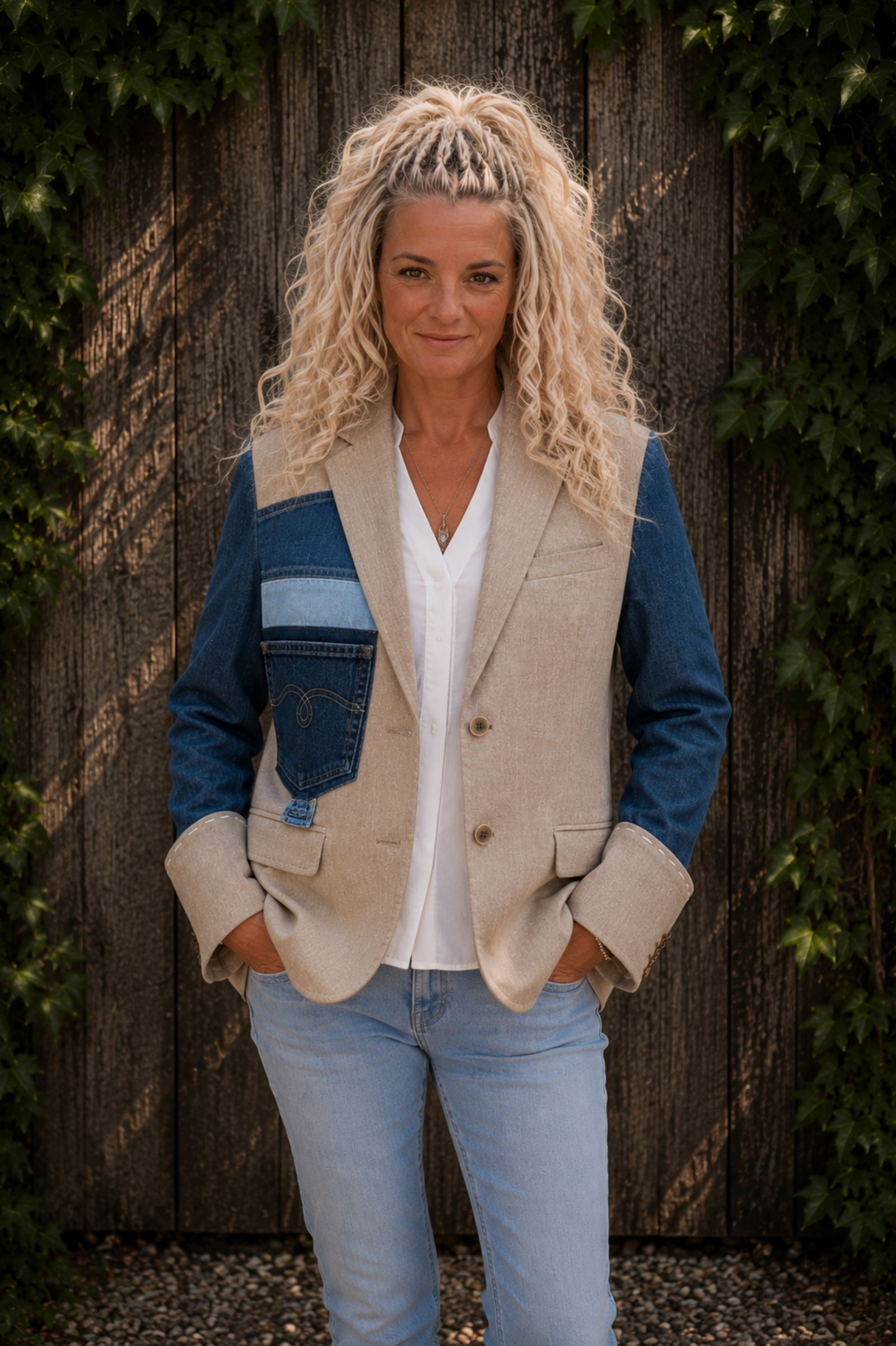 One of a Kind Upcycled Blazer met Denim Applicatie - 154423 One of a Kind Upcycled Blazer met Denim Applicatie