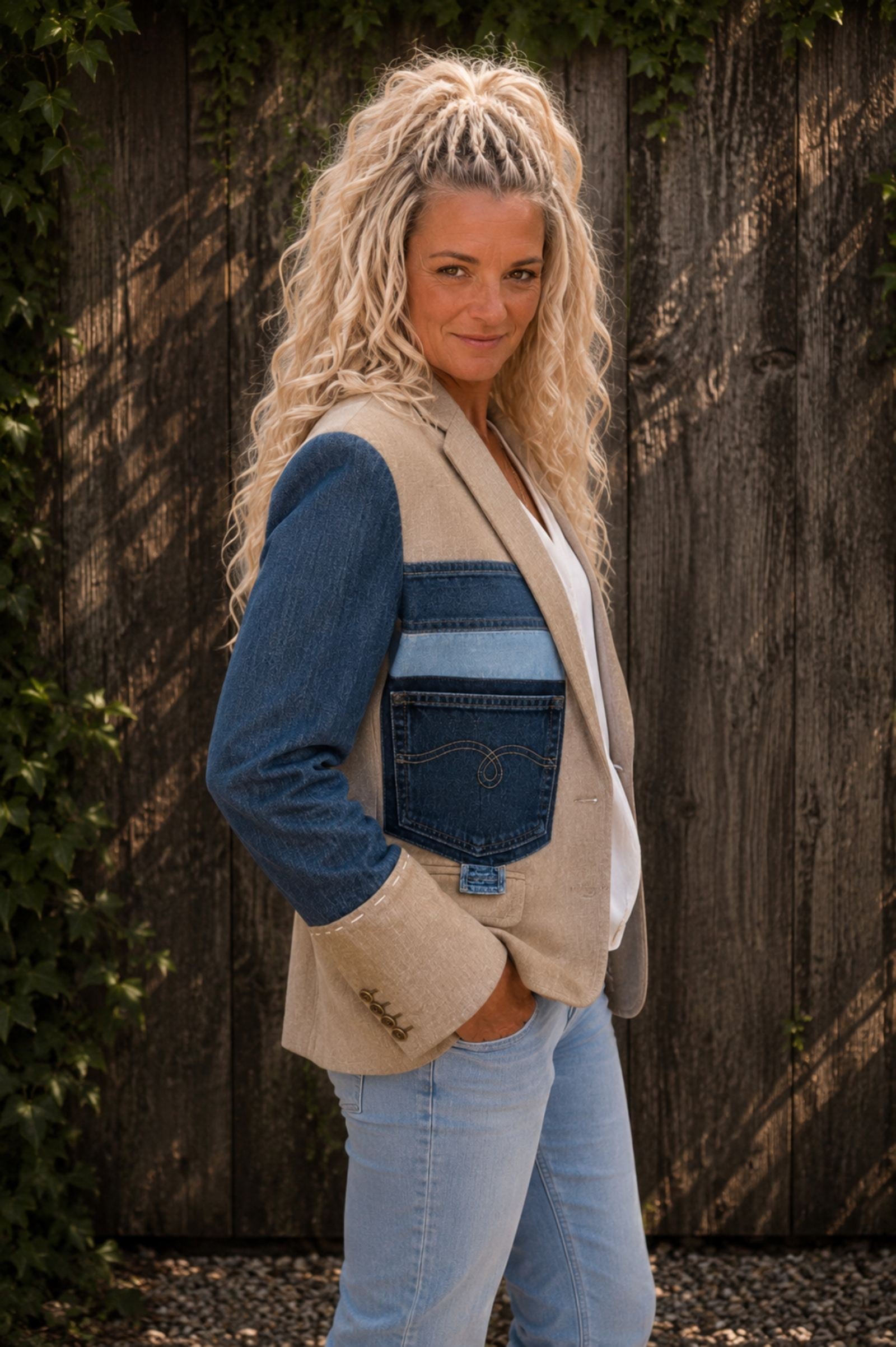One of a Kind Upcycled Blazer met Denim Applicatie - 154425 One of a Kind Upcycled Blazer met Denim Applicatie