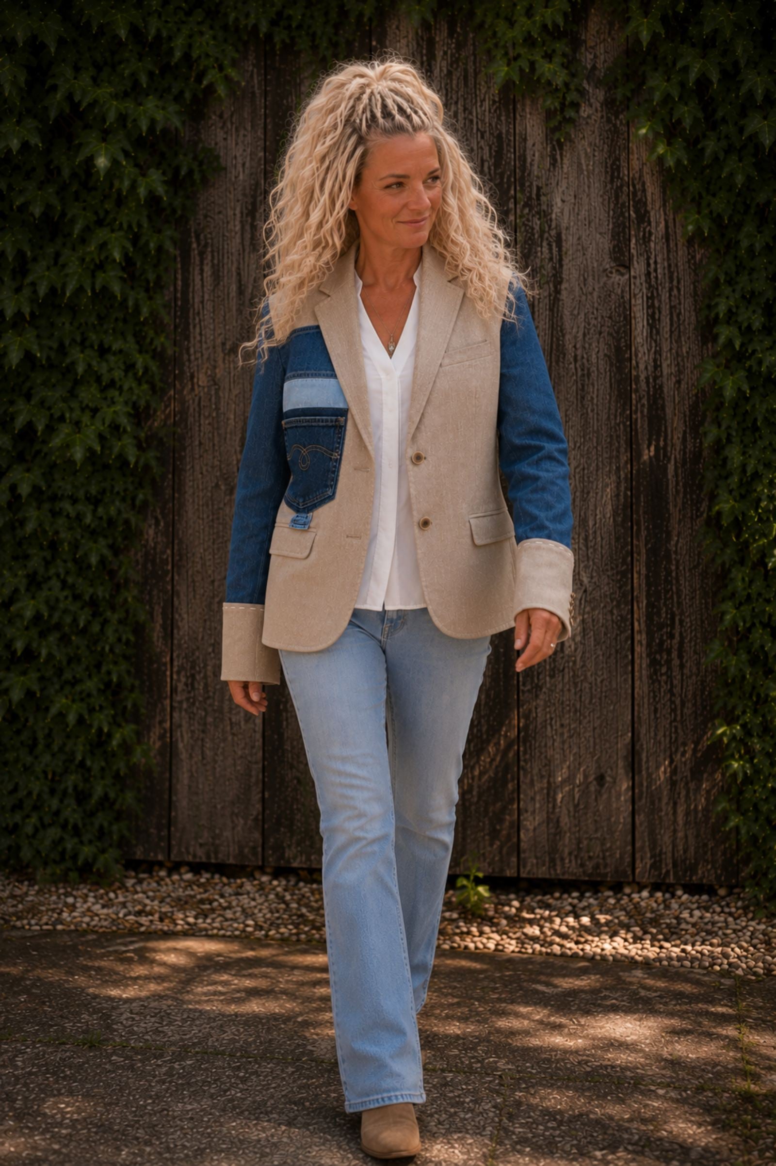 One of a Kind Upcycled Blazer met Denim Applicatie - 154428 One of a Kind Upcycled Blazer met Denim Applicatie