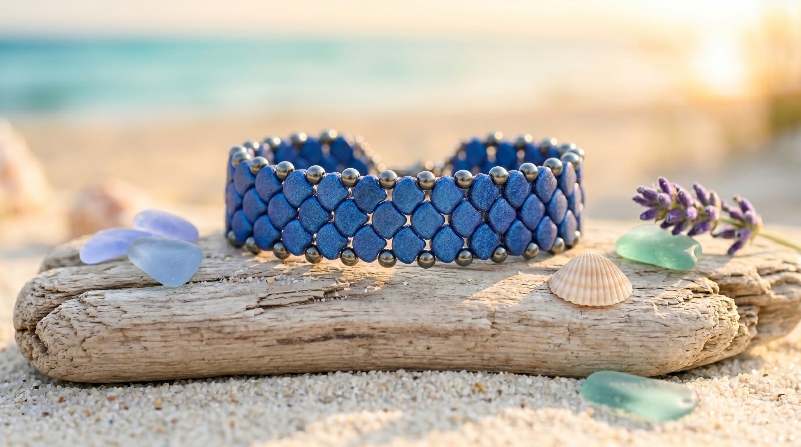 Handgemaakte kralenarmband 'Snake Skin Blue' — Ginko kralen, 19 cm - 132213 Handgemaakte kralenarmband 'Snake Skin Blue' — Ginko kralen, 19 cm