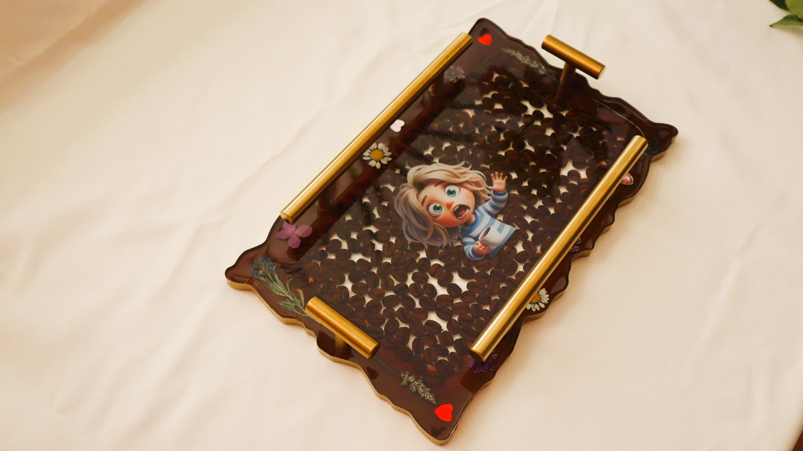 Coffee tray with coffee beans.