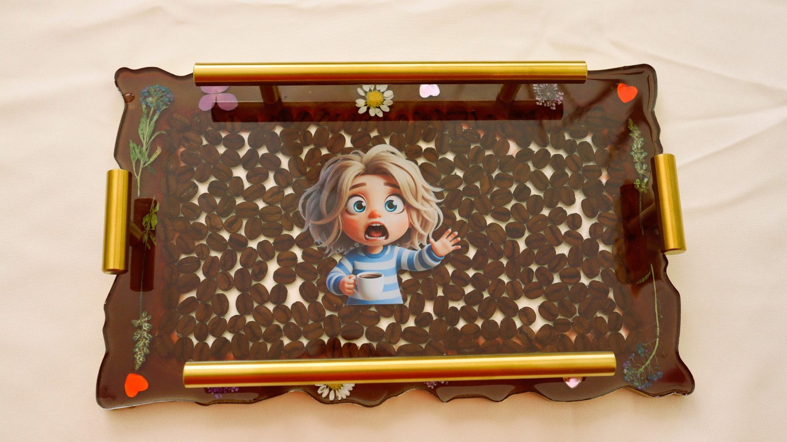 Coffee tray with coffee beans.