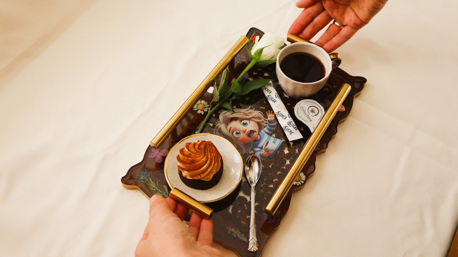 Coffee tray with coffee beans.