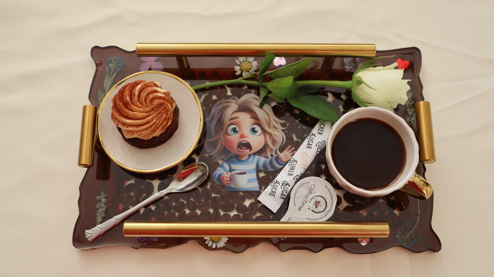 Coffee tray with coffee beans.