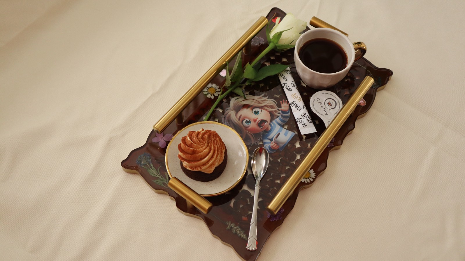 Coffee tray with coffee beans.