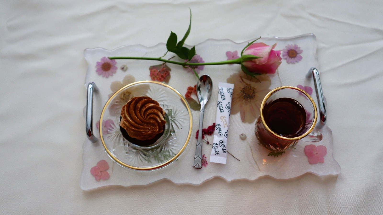 Silver coffee tray with flowers