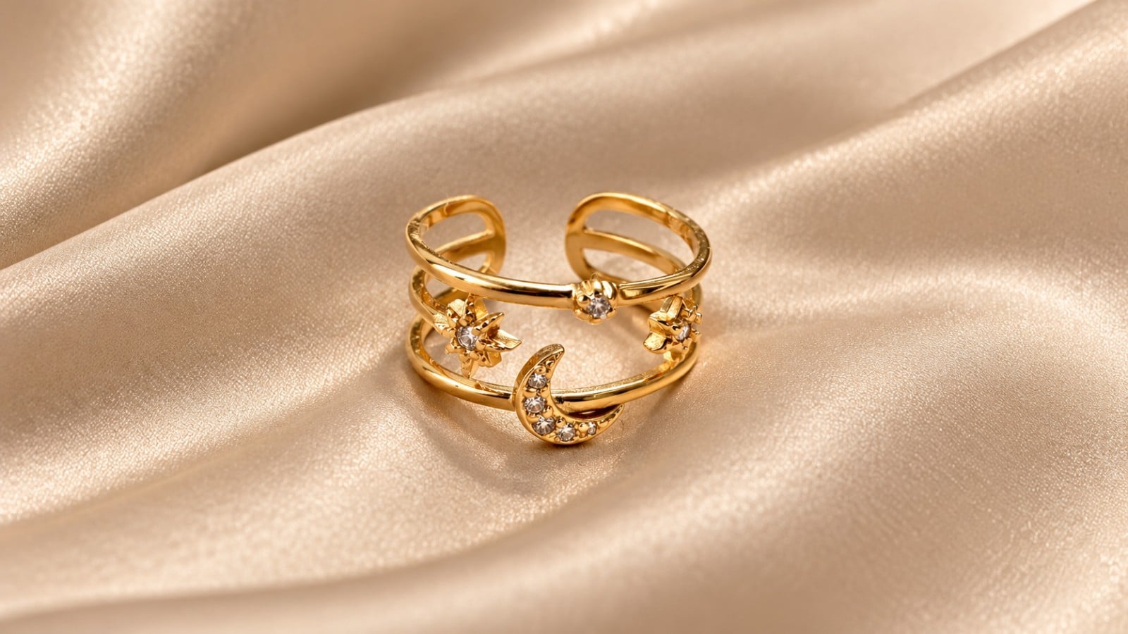 Gouden Maan en Sterren Ring – 925 Sterling Zilver met 18K Goud Verg… - 155282 Gouden Maan en Sterren Ring – 925 Sterling Zilver met 18K Goud Verguld | Verstelbare Celestial Ring – Cleopatra's World