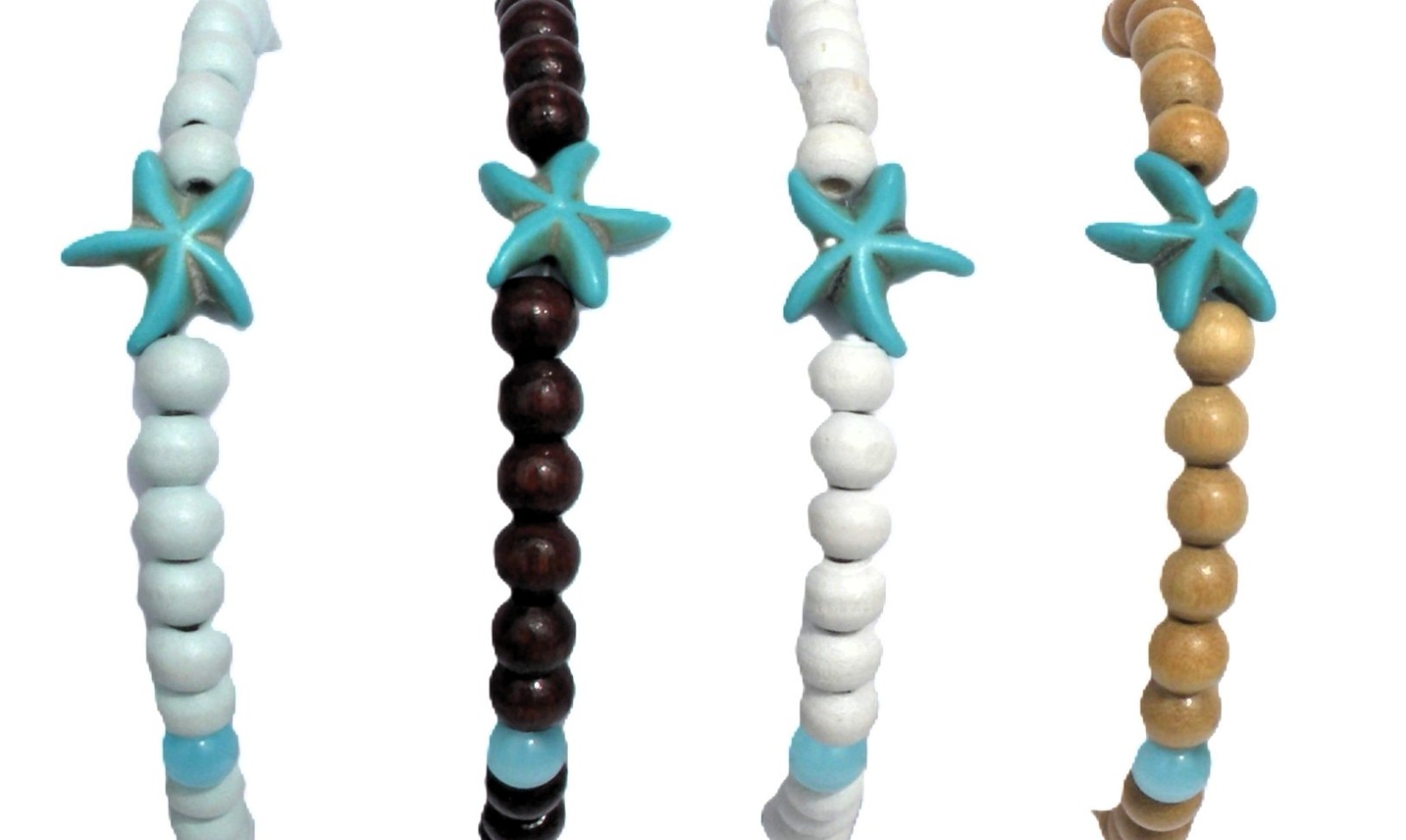 Armband met houten kralen, turquoise tijgeroog, turquoise zeester. Ha… - 144702 Armband met houten kralen, turquoise tijgeroog, turquoise zeester. Handgemaakt polsband, boho chic, Ibiza strand sieraad, wit, blauw, bruin