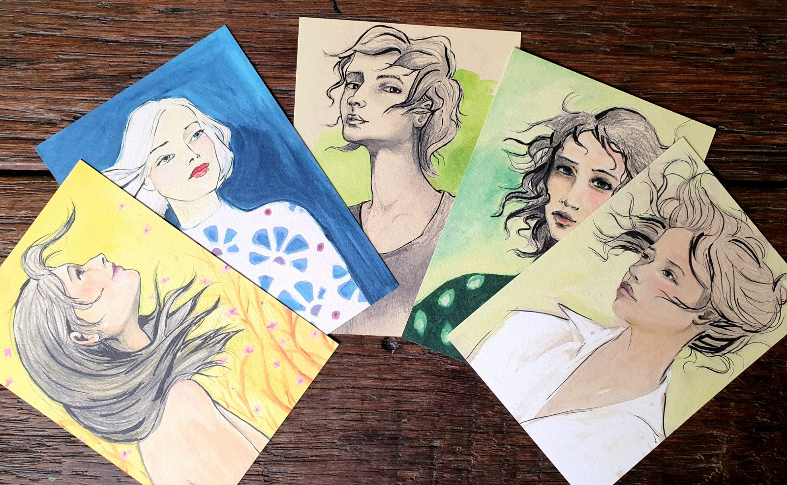 Set van 5 Kaarten – Krachtige Vrouwenportretten | Inkt & Acryl | Unieke Kunstkaarten