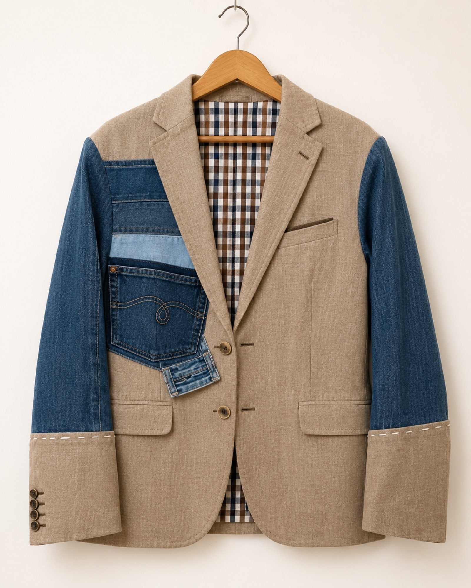 One of a Kind Upcycled Blazer met Denim Applicatie - 154429 One of a Kind Upcycled Blazer met Denim Applicatie