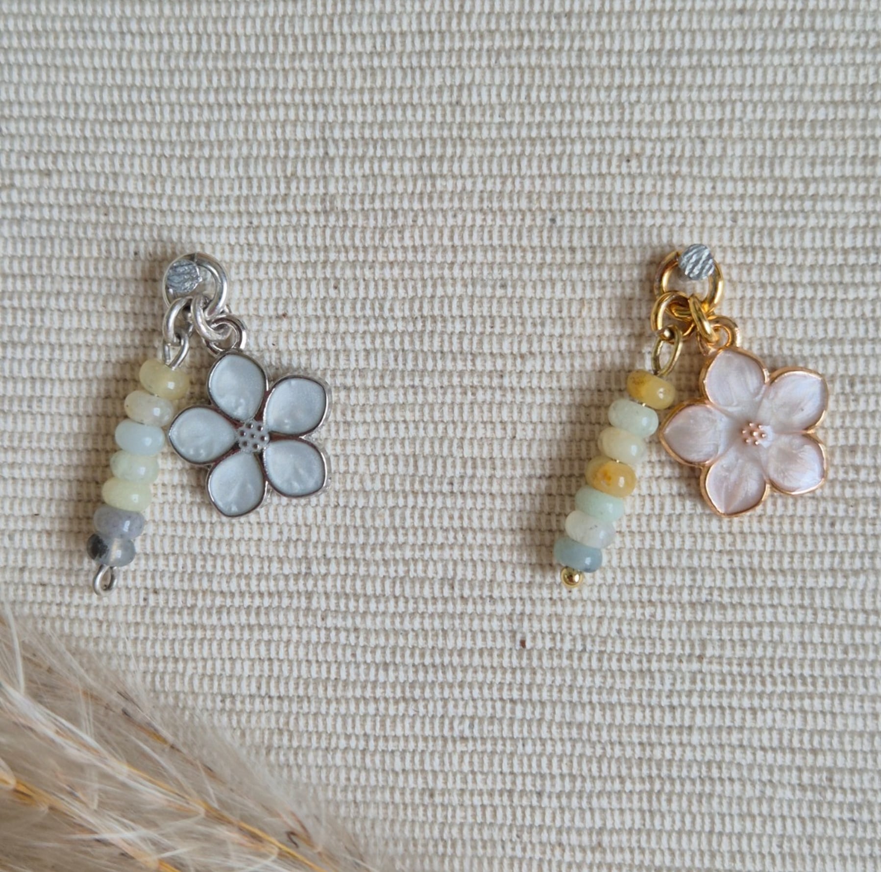 Vrolijke witte bloemen bedel met amazoniet - 135082 Vrolijke witte bloemen bedel met amazoniet