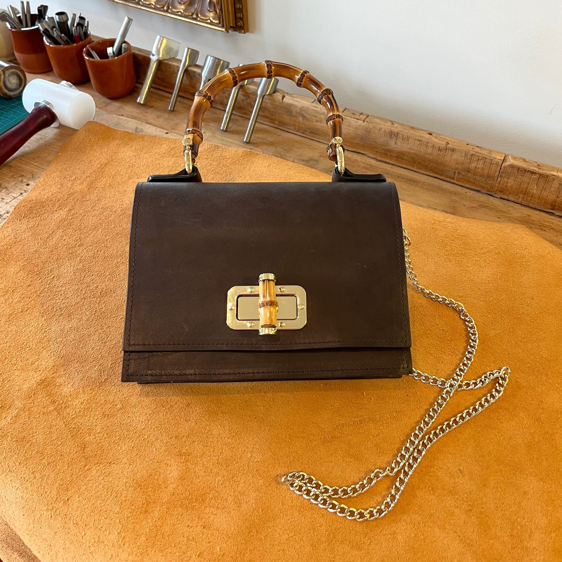 Madrid Bambú - leren handtas met gouden strap - 155665 Madrid Bambú - leren handtas met gouden strap