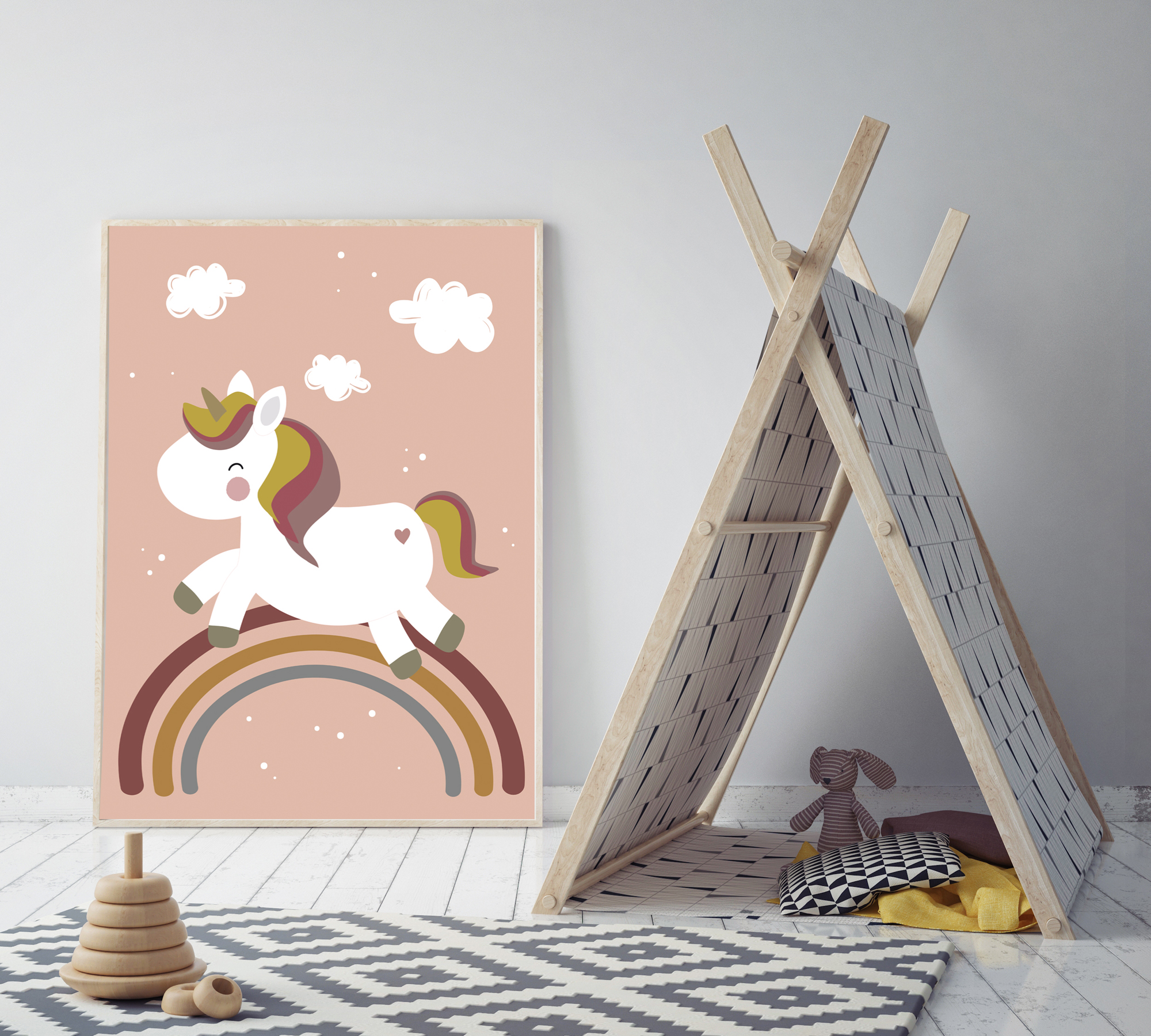 UNICORN poster voor de kinderkamer of babykamer - trendy EENHOORN poster met regenboog voor de kinderkamer maat 50 cm x 70 cm.
