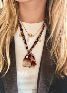 Bandana ketting bruine panterprint met RVS bedels - 101804 Bandana ketting bruine panterprint met RVS bedels