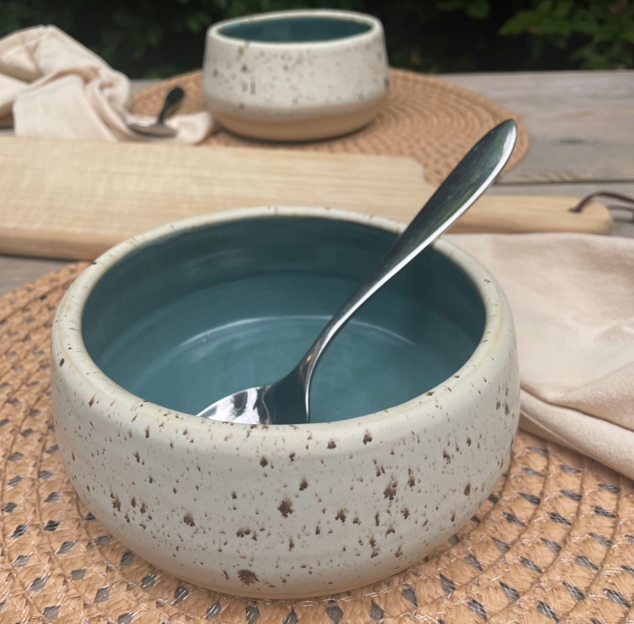 Ontbijtbowls / ramenbowls turquoise wit spikkel - 88104 Set van 2 ontbijtbowls / ramenbowls turquoise wit spikkel
