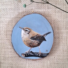 Winterkoninkje op houtschijf