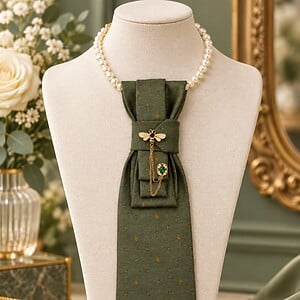 Unieke handgemaakte stropdasketting groen met vlieg | Statement tie necklace | Upcycled tie jewelry