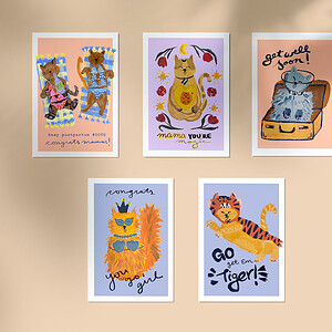 Schattige katten wenskaarten 5x / Set Cats Greeting Cards 5x Set