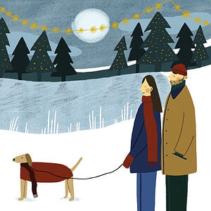 Set of 5 Christmas Cards - Walking the Dog in Winter Wonderland