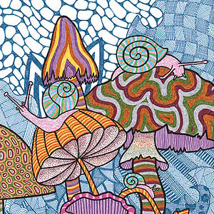 Paddestoel en Slakken A5 Art Print - Kunst aan de muur - Papier Print -Handgemaakt- Groovy Shrooms