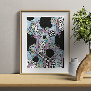 Slakken Tekening - Zwart en Witte bollen - Art Print - Kunst - Black Hole Snails