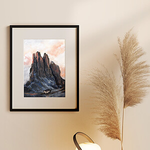 Zachte zonsondergang berg landschap met berghut A4 print / Sunset Mountain Art print A4