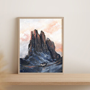 Zachte zonsondergang berg landschap met berghut A4 print / Sunset Mountain Art print A4