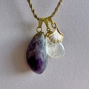 Edelsteenketting met Amethist & Citrien, met Ginkgo bedel