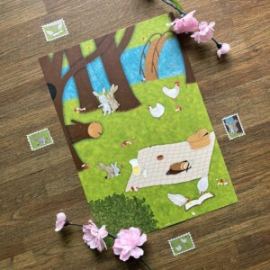 Art Print Picknick met Konijnen en Kippen in Park