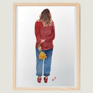 Aquarel A5 Surprise! Jonge vrouw met gele bloemen achter haar rug.