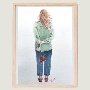 Aquarel A5 Surprise! Jonge vrouw met rode rozen achter haar rug.
