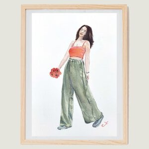 Aquarel A4 Who doesn't love flowers? Jonge vrouw met rode bloemen in haar hand