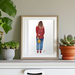 Aquarel A5 Surprise! Jonge vrouw met gele bloemen achter haar rug.