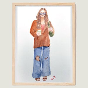 Aquarel A5 Jonge vrouw met coffee to go