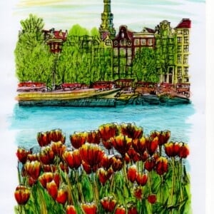 Schilderij Amsterdam Oosterdok Tulpen