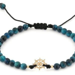 Blauwe tijgeroog armband met 14 karaat geelgouden Scheepsroer